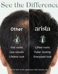 Split image comparing flat roots on the left with lifted roots on the right for fuller looking hair