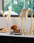 Cream fluffy dish brushes in a glass holder on a marble counter by a window in a bright kitchen.
