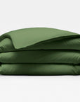 Olive green duvet cover comforter folded neatly on a white background