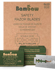 Brown Bambaw safety razor blades packaging with green branding and stacked boxes