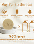 Beige infographic banner showing a round shampoo bar on a marble dish and sustainable features such as zero plastic waste