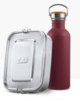 Back to School Bundle burgundy non-insulated bottle beside a silver lunchbox with a wooden lid handle
