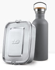 Back to School Bundle gray non-insulated bottle beside a silver lunchbox with a wooden lid handle