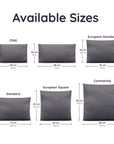 Illustration of bambaw cozy's different bamboo pillowcase sizes with dimensions in cm and in inches