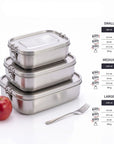 Three nested bambaw stainless steel lunch boxes with lids are shown on a white background, alongside a red apple, a fork, and printed size information for small, medium, and large boxes.