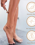 A woman shaving legs with a bambaw safety razor, showing smooth shave, no ingrown hair, and cost-effective benefits.