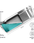 bambaw stainless steel food storage container with a leakproof lid, shown on a white background with dimension lines, weight, capacity, and feature icons.