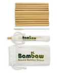 Set of bamboo drinking straws with a cleaning brush and a white cotton pouch printed with Bamboo logo.