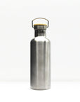 Top portion of the stainless steel insulated water bottle with wooden cap and curved handle against a white background.