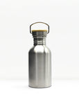 Front view of the stainless steel water bottle neck with a curved handle and tan lid on a white backdrop