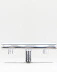 Chrome safety razor head viewed from the front with two mounting prongs and a central threaded stem
