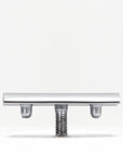 Underside view of safety razor head showing mounting posts and threaded connector