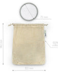 Close up of a 75 mm round reusable makeup pad with a cotton mesh bag and dimension graphics.