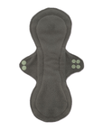 Dark gray contoured reusable sanitary pad with wings and snap fasteners