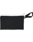 Small black zip pouch with white zipper and wrist strap for storing a reusable panty liner