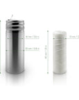 Silver metal bottle beside a white silk floss spool with measurement arrows showing size