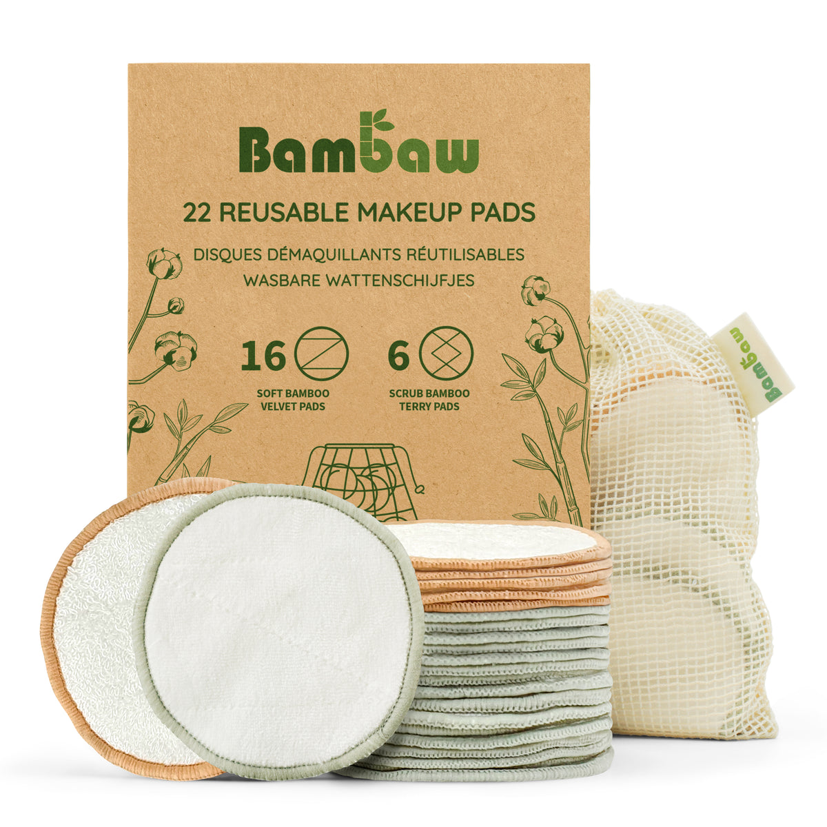 Bambaw kraft box labeled 22 reusable makeup pads with green botanical illustrations.