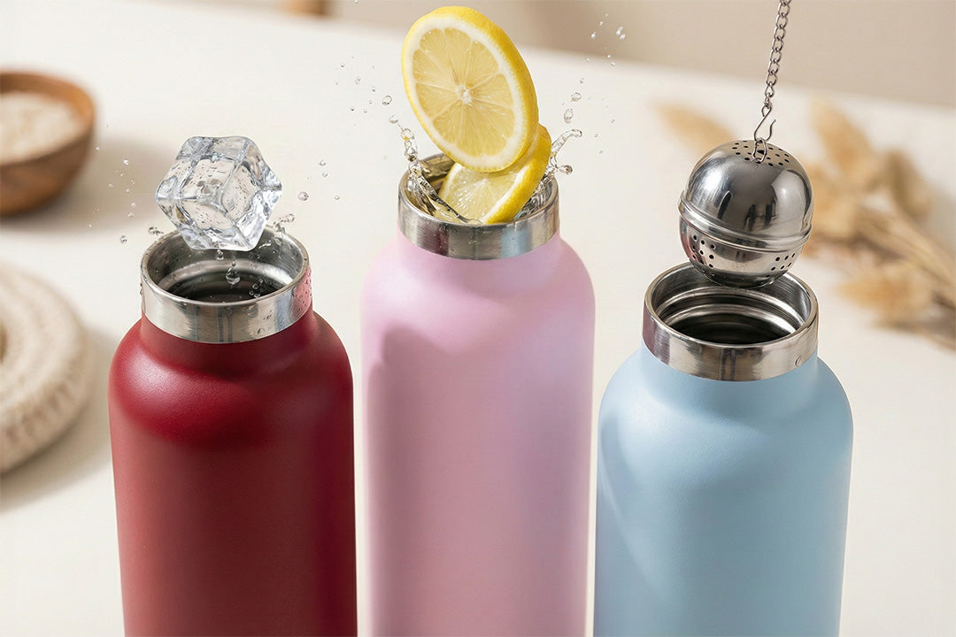 Three colourful bambaw water bottles with different designs on a light background