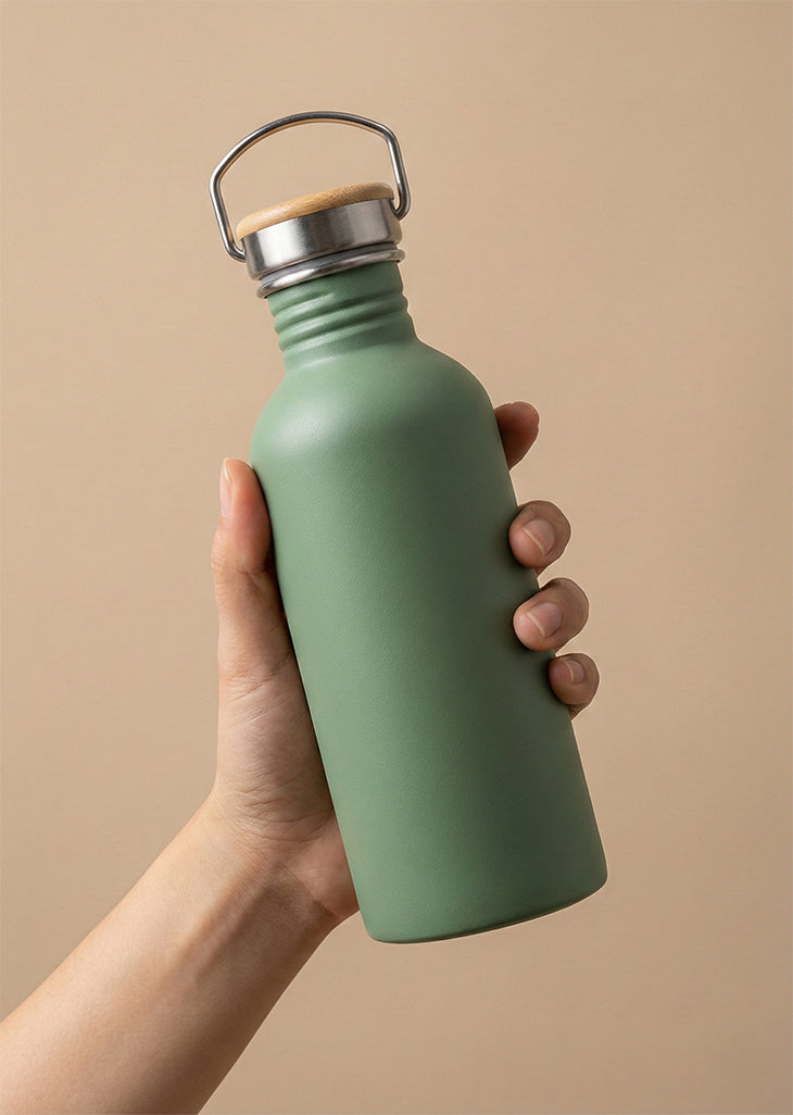 Hand holding bambaw stainless steel green water bottle on a beige background