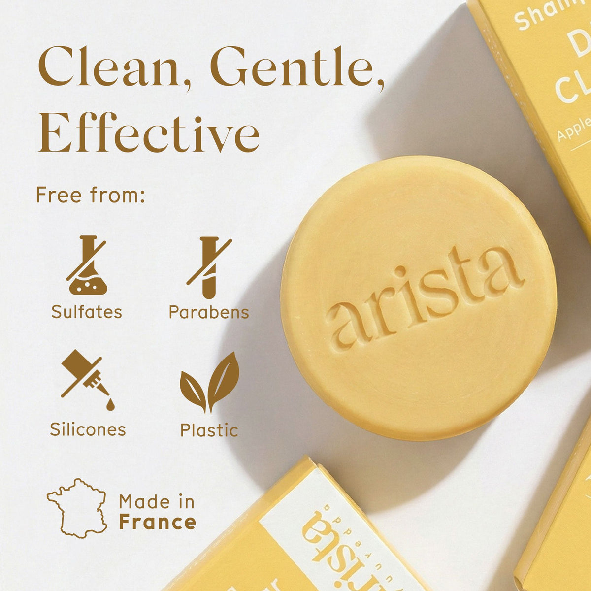 Clarifying Shampoo Bar round yellow disk with Apple Cider Vinegar and Citrus branding