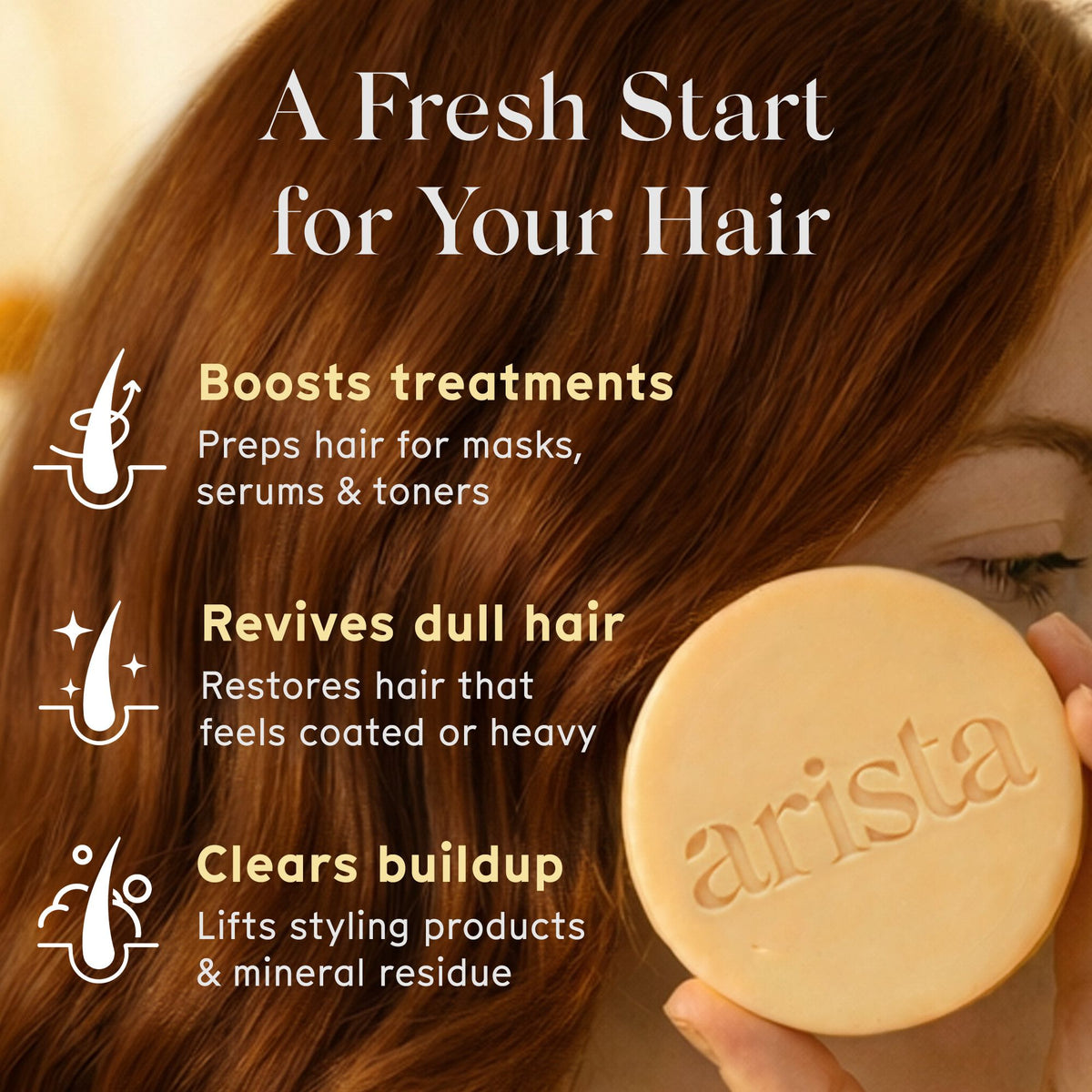 Close up of brown hair with a yellow round shampoo bar in foreground promoting a fresh start for your hair