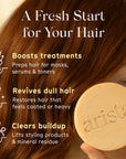 Close up of brown hair with a yellow round shampoo bar in foreground promoting a fresh start for your hair