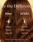 Split image of hair before and after Clarifying Shampoo Bar with Apple Cider Vinegar and Citrus left with buildup and heavy feel right clarified and clean