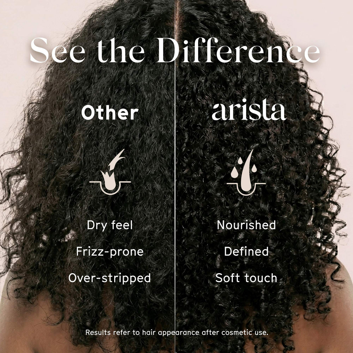 Comparison of hair texture before and after using Arista curly hair shampoo bar, highlighting differences in feel and appearance.