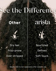 Comparison of hair texture before and after using Arista curly hair shampoo bar, highlighting differences in feel and appearance.
