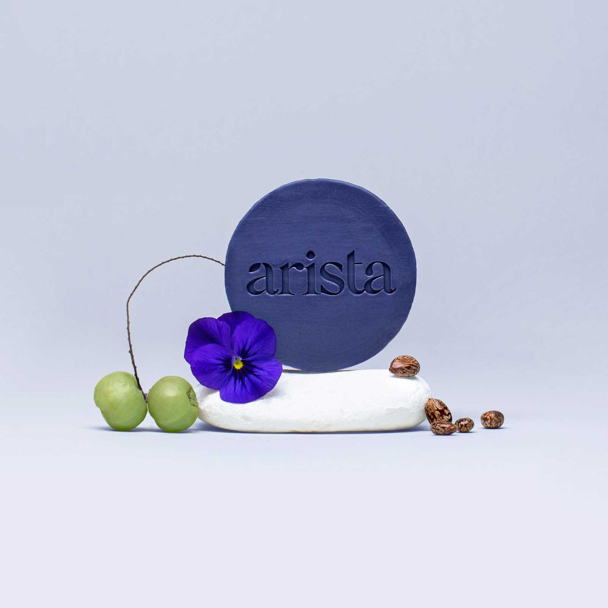 Purple arista circular shampoo bar with embossed logo on a white surface surrounded by a purple flower and green grapes