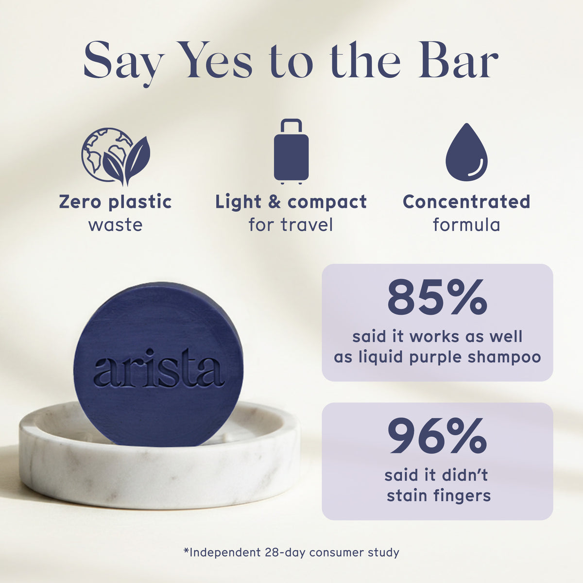 Purple arista shampoo bar on a white dish with sustainability icons and an 85 percent badge on a pale backdrop
