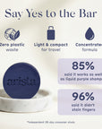 Purple arista shampoo bar on a white dish with sustainability icons and an 85 percent badge on a pale backdrop