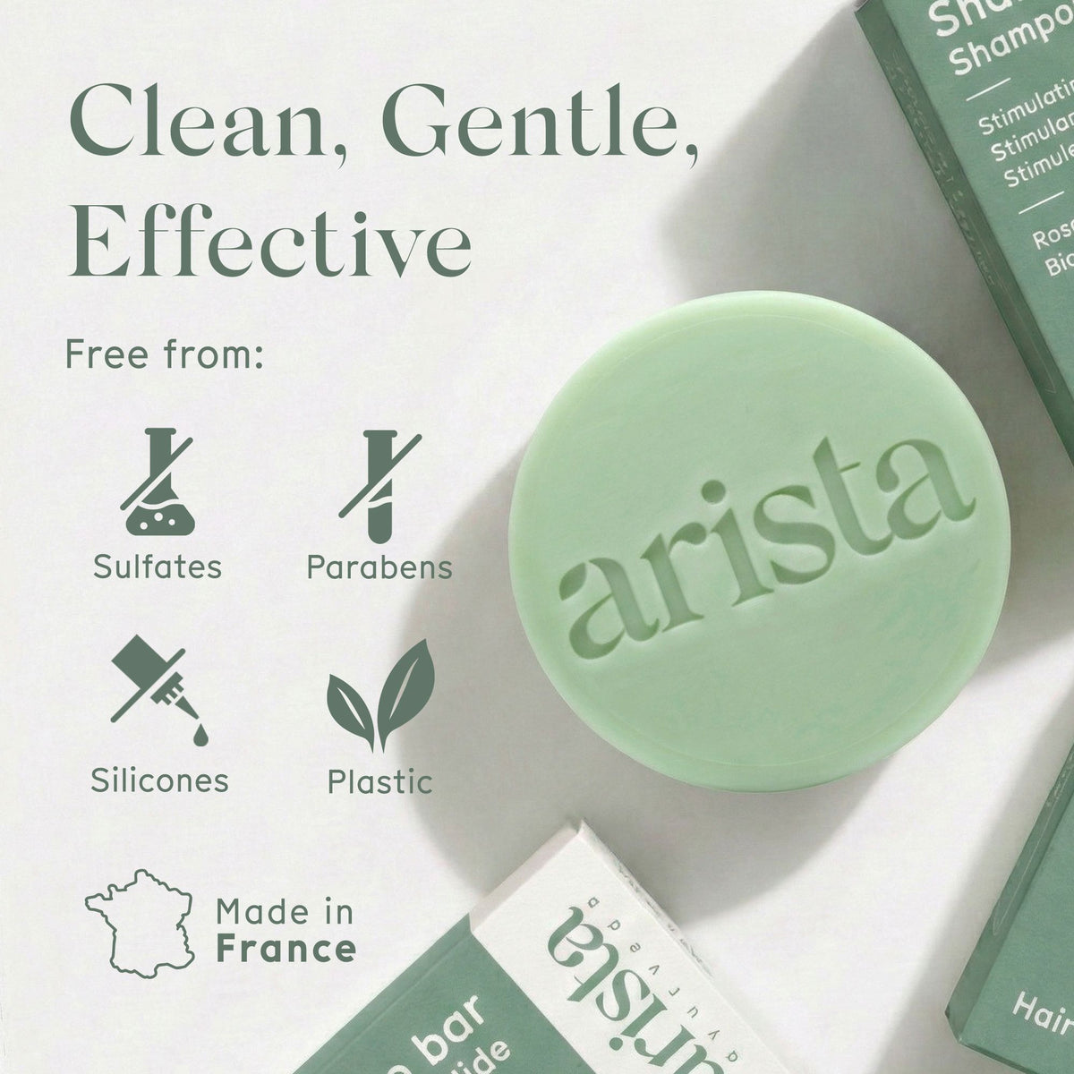 Promotional image for Stimulating Shampoo Bar Rosemary and Caffeine with Clean Gentle Effective and eco icons noting zero plastic waste and travel friendly