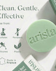 Promotional image for Stimulating Shampoo Bar Rosemary and Caffeine with Clean Gentle Effective and eco icons noting zero plastic waste and travel friendly