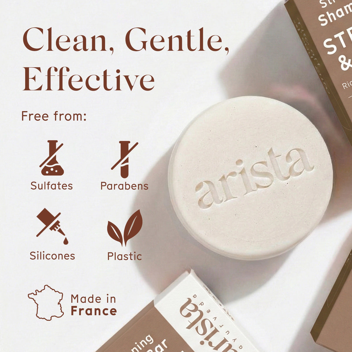 Rice and Ashwagandha strengthening shampoo bar with packaging and eco icons