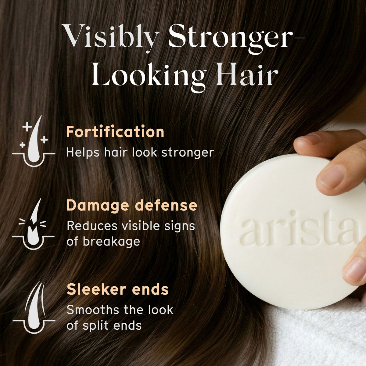 Close up of hair showing two halves with the text Visibly Stronger Looking Hair across the image