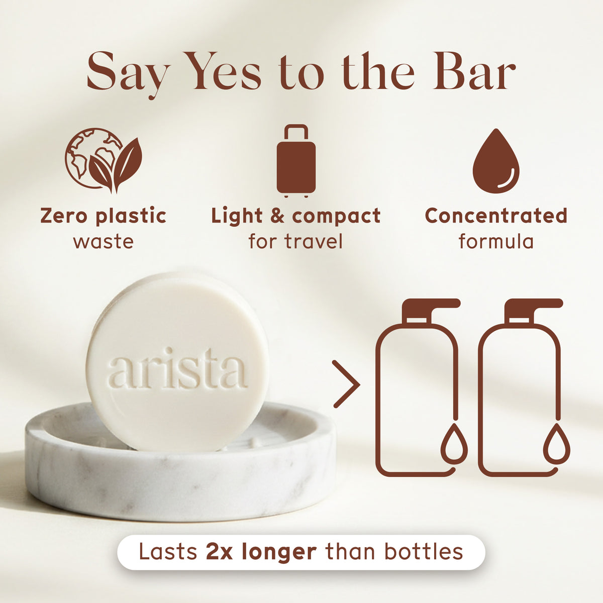Round white shampoo bar resting on a marble dish with a soft beige background and the caption Lasts 2x longer than bottles