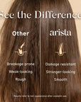 Four panel hair comparison showing See the Difference with Breakage prone and Damage resistant and Weak looking and Stronger looking captions