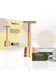 Bambaw Zero waste shaving kit with bronze safety razor, soap, and packaging on a white background
