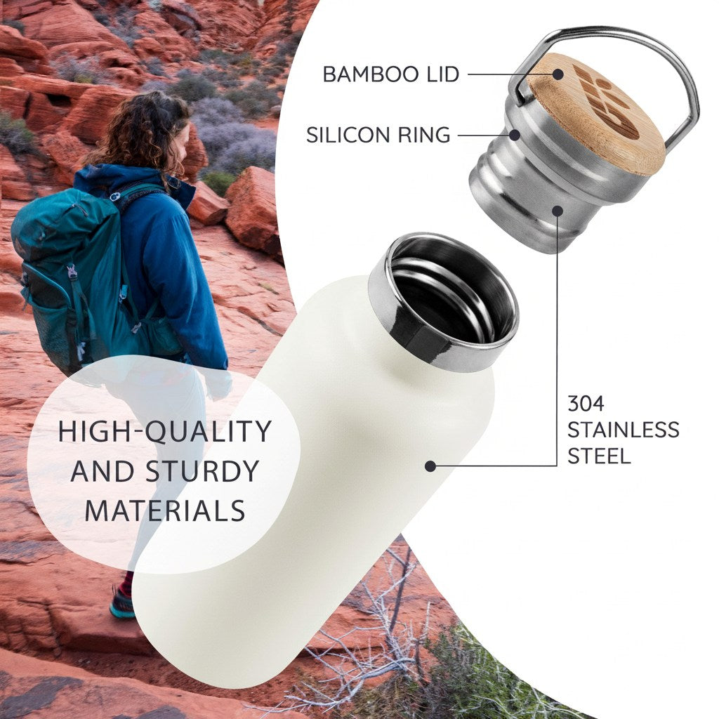 bambaw insulated water bottle in white with feature callouts and lid