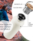 bambaw insulated water bottle in white with feature callouts and lid