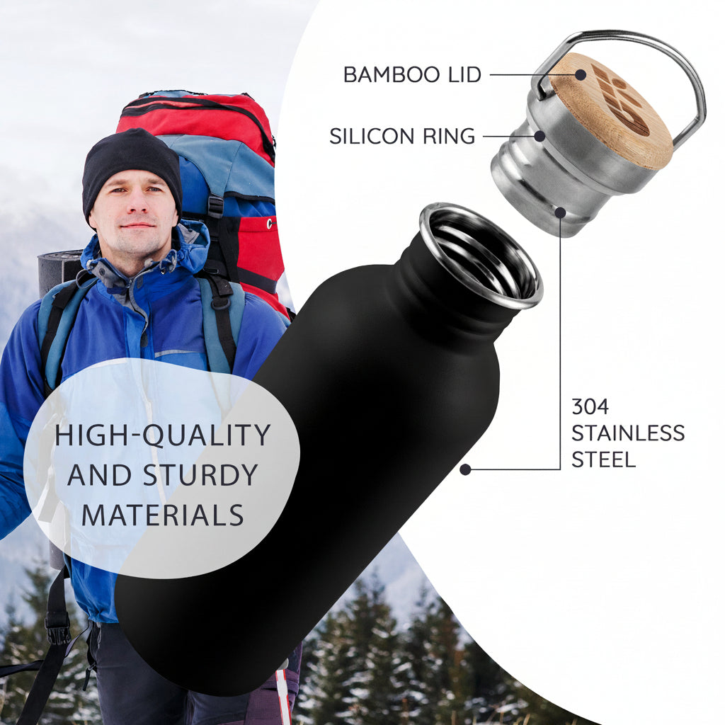 Outdoor hiker in blue jacket beside a stainless steel water bottle illustration with bamboo lid and silicone ring