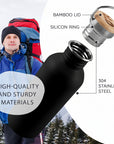 Outdoor hiker in blue jacket beside a stainless steel water bottle illustration with bamboo lid and silicone ring