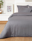 Gray bedding set on a bed in a bedroom with a plant and artwork on the wall.