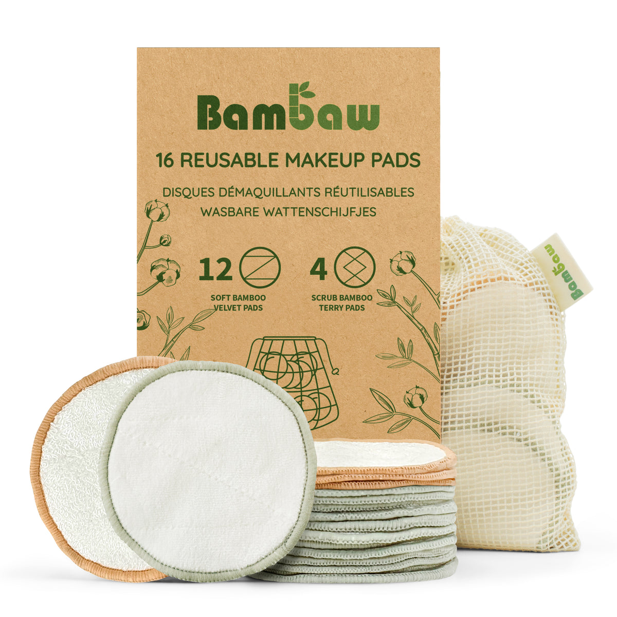 Brown cardboard box packaging for 16 reusable makeup pads with Bamboo branding and green illustrations.