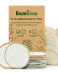 Brown cardboard box packaging for 16 reusable makeup pads with Bamboo branding and green illustrations.