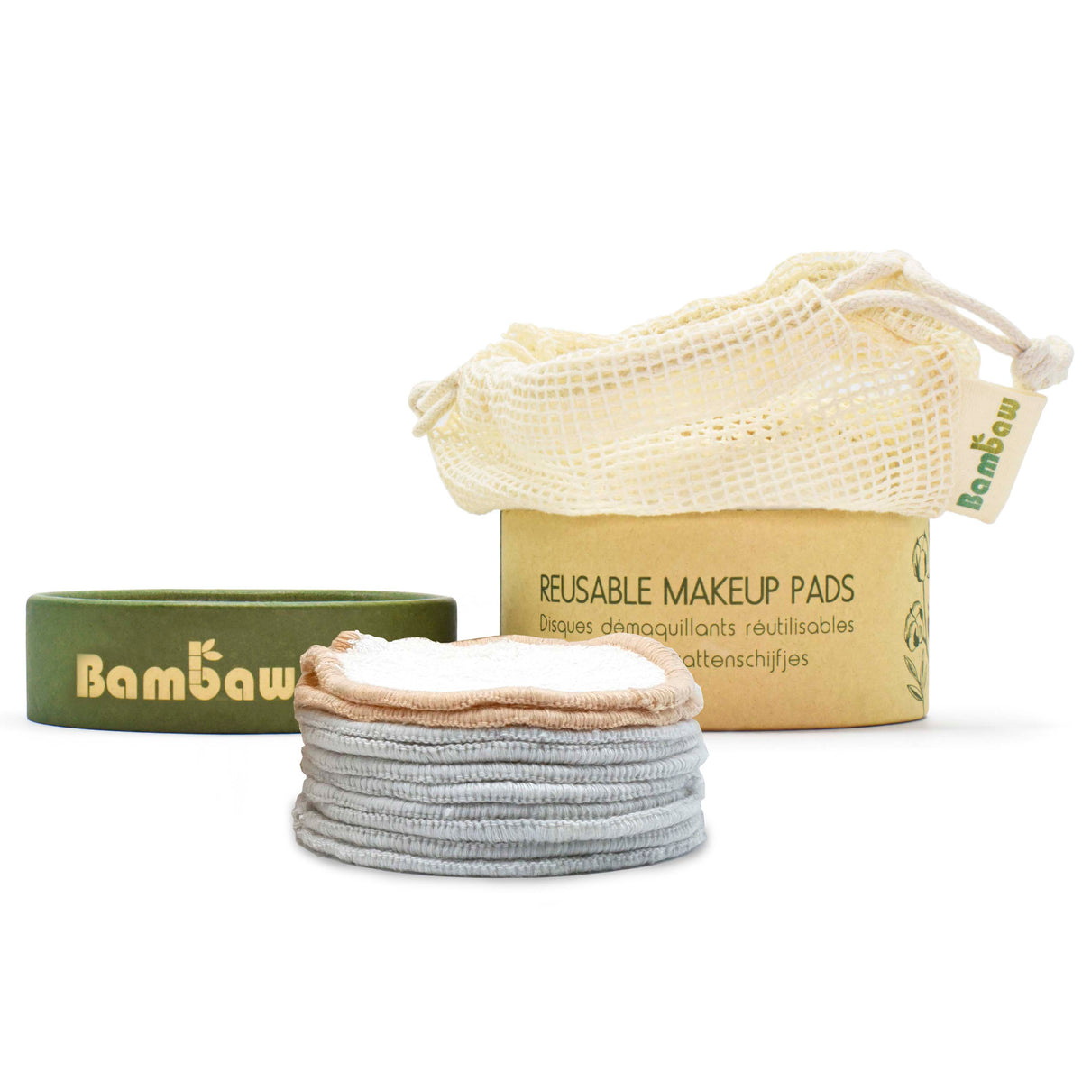 Kraft box labeled Reusable Makeup Pads with a cream mesh bag and stacked cloth pads.