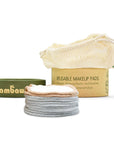 Kraft box labeled Reusable Makeup Pads with a cream mesh bag and stacked cloth pads.