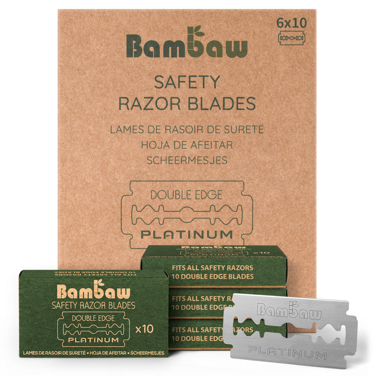 Brown Bambaw safety razor blades packaging with green branding and stacked boxes