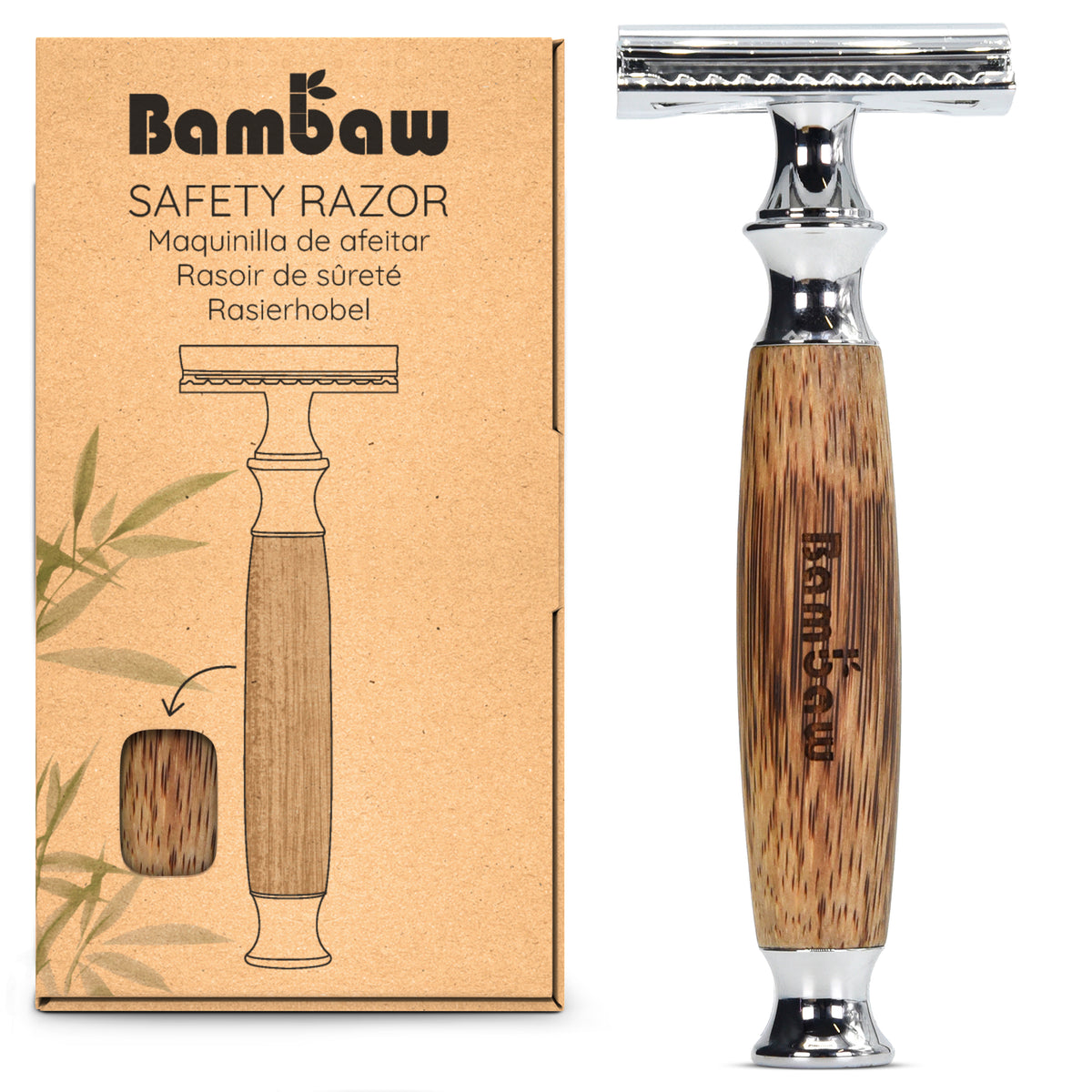 Bamboo safety razor displayed next to its kraft cardboard box packaging with a simple line drawing of the razor